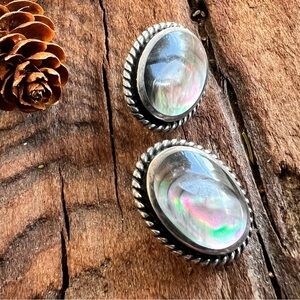 Thailand Bali NF Abalone Earrings Sterling Silver Oval Studs Punch In 2.5 cms